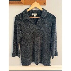 Vintage 90s Y2K Sport Haley Metallic Silver Black Wavy Knit Collared Top L Y2K
